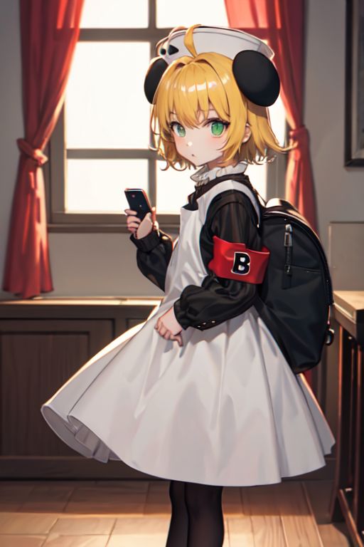21076-2934366163-piyoko, 1girl, blonde hair, solo, short hair, dress, looking at viewer, hat, long sleeves, ahoge, green eyes, white apron, armba.jpg